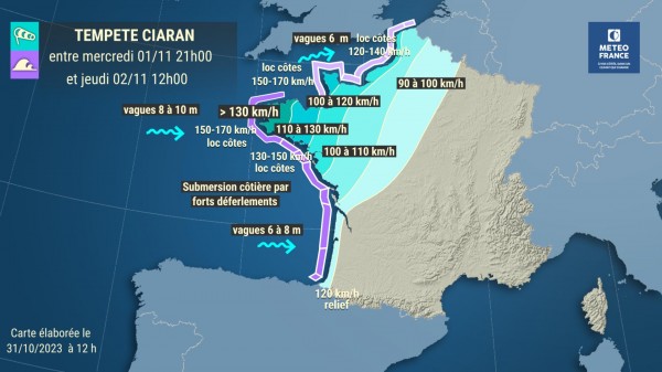 L_ThinkTank's tweet photo. ❗️ [ 🇫🇷 FRANCE ]

🔸 3 départements en vigilance rouge, des rafales jusqu'à 170km/h, des moyens de transport temporairement suspendus, 3200 pompiers mobilisés, des réservistes de la gendarmerie mobilisés, une unité de militaires sapeurs-pompiers prête à intervenir, la protection civile en pré-alerte, la tempête Ciaran s'apprête à frapper l'ouest de la France.

➡️ De nombreuses municipalités s'activent pour renforcer la sécurité en prenant des mesures supplémentaires, comme la construction de digues, la mise en place de plans communaux ou la fermeture de certains parcs et lieux publics. 

➡️ Le Ministre de l'Intérieur, Gérald Darmanin, a décidé de reporter son déplacement à Mayotte,  encourage les français à ne pas sortir dans la nuit de mercredi à jeudi et prévient que les vents attendus iront au moins aussi vite, si ce n'est plus vite, que la tempête de 1999.