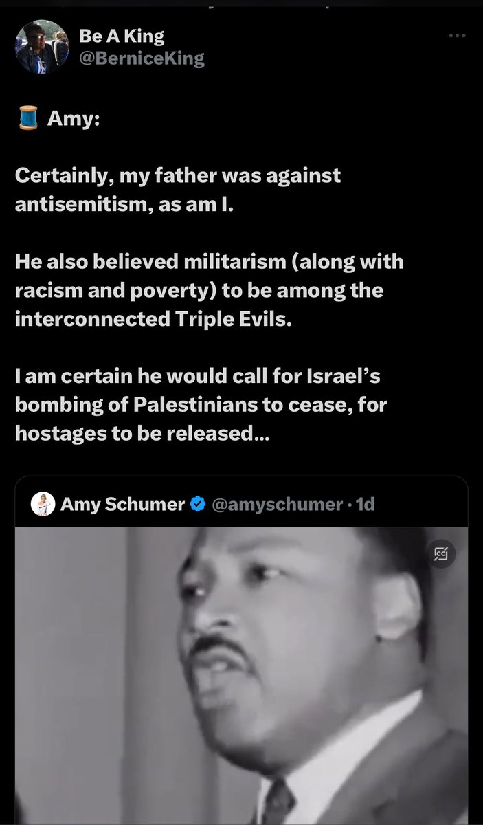 Imagine posting a video that you think justifies Israel’s barbaric mass murder only to get dunked on by MLK’s daughter. 

What an absolute clown Amy Schumer is