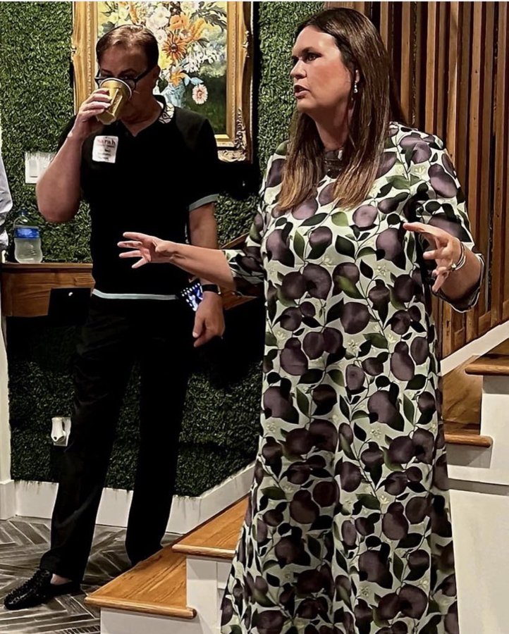 j2lovesfriday's tweet photo. @thetrueshelby @KATVNews I'm guessing that station is not showing Sarah's latest fashion creation. That recent photo of her prune dress also bothered me, besides the dress, then figured out why - it's her pose. #Huckzilla https://t.co/8UO1zKmHmB