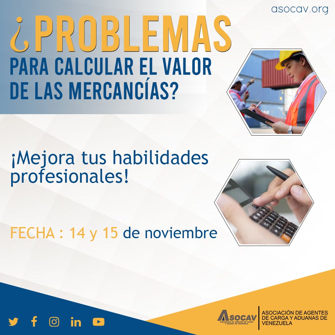 📢 CURSO VALORACIÓN ADUANERA

¡Inscríbete ahora y comienza a transformar tu carrera como un profesional! 👉 forms.gle/G5q4mE5dxSwBn5…

Correos :
info@asocav.net
director2@asocav.net

Números de teléfono
(0212) 761.83.94 / 761.52.46 / 0424.204.52.97

#estudiantes #aduanas