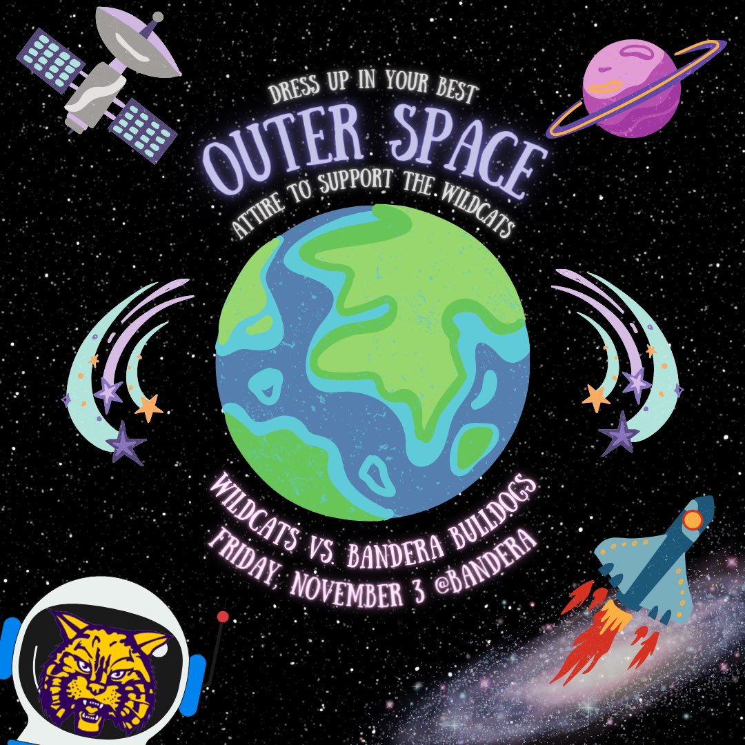 cshsvarsity's tweet photo. Week 10: Carrizo Springs Wildcats vs. Bandera Bulldogs
Wear your most creative outer space attire to support the mighty Wildcats!
The Wildcats are out of this world! 🚀🪐 https://t.co/2D35GQOE7D