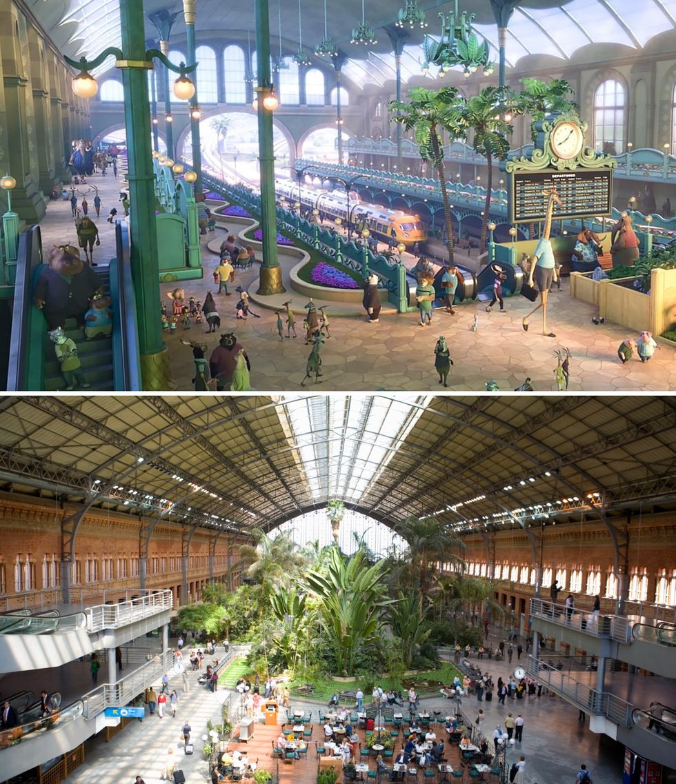- Zootrópolis

La estación de la capital en la película 'Zootrópolis' se inspiró en la estación de Atocha de Madrid. La estación de Atocha, con su amplio espacio verde, se asemeja a una jungla.