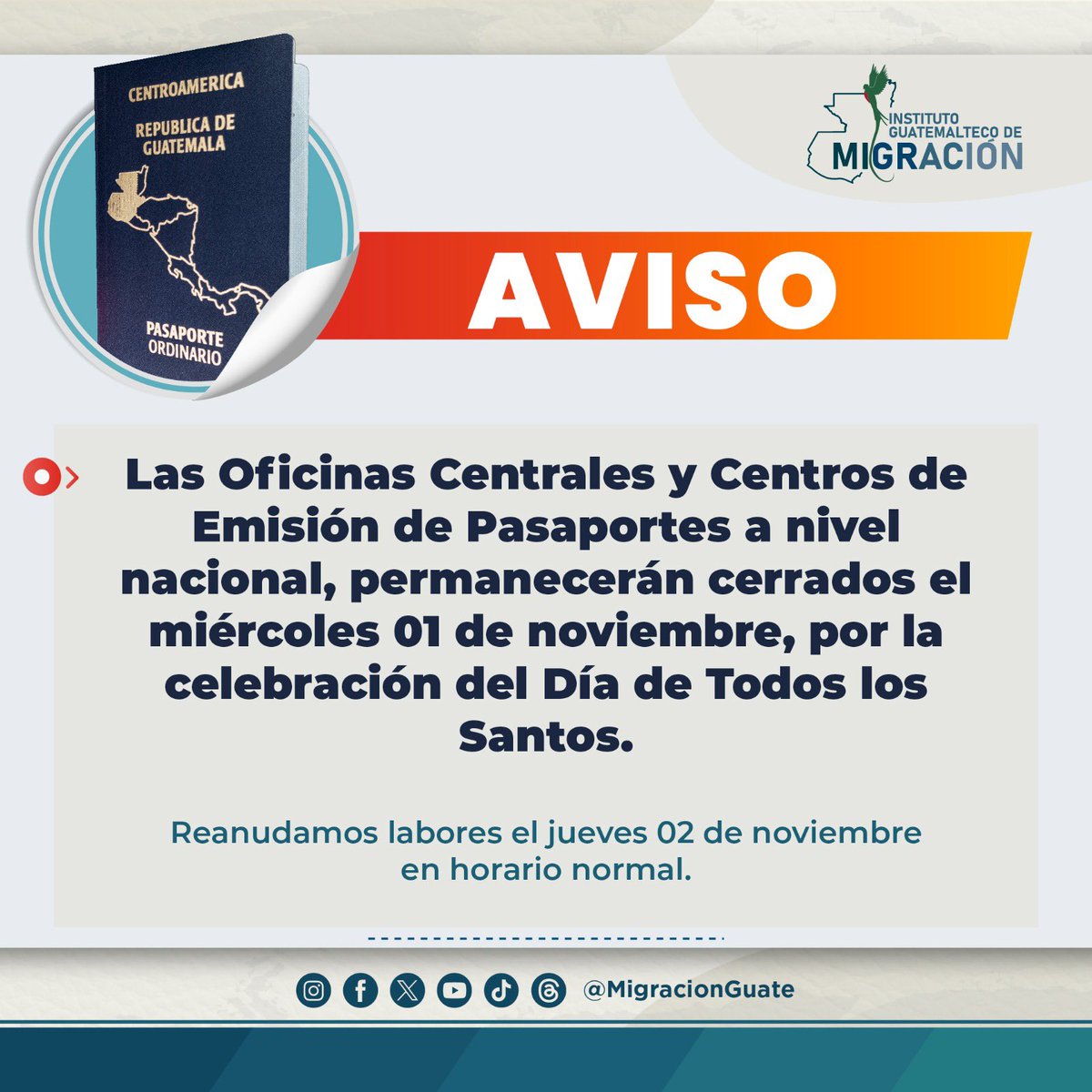#Aviso | Las Oficinas Centrales y Centros de Emisión de Pasaportes a nivel nacional, permanecerán cerrados en la siguiente fecha 👇🏻
