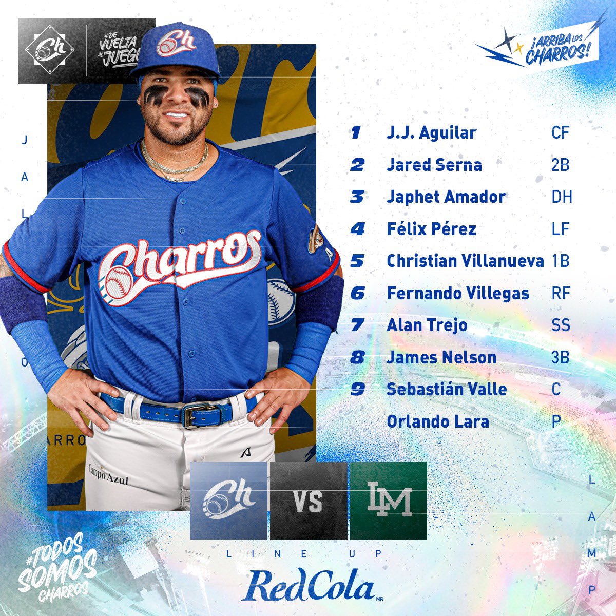 VAMOS CON TODO, CHARROS🤠👊🏻
Nuestro lineup es presentado por <a href="/AgaSports/">Aga Sports MX</a> 
#ArribaLosCharros⚾️💙💛