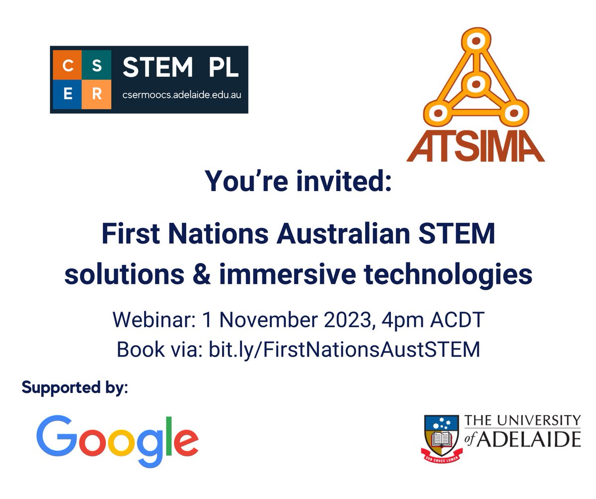 You're invited this afternoon to  our 'First Nations Australian STEM solutions &amp; Immersive tech' webinar. Supported by <a href="/Google/">Google</a>, this collaboration between <a href="/atsimaAU/">ATSI Maths Alliance</a> and CSER will bring you practical ideas for the classroom. bit.ly/FirstNationsAu…