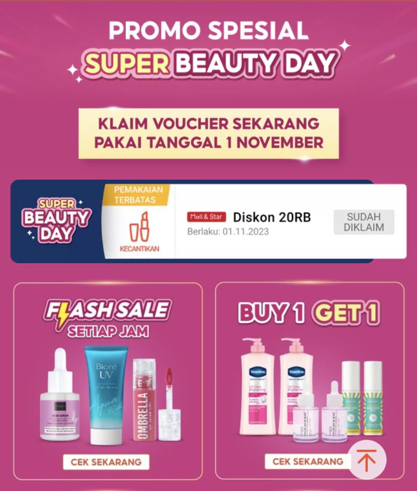 aGITSlarasati's tweet photo. 💖PROMO SUPER BEAUTY DAY💖
PROMO BEAUTY TERMURAH SETIAP TANGGAL 1

✨Promo Spesial
✨Flash Sale Setiap Jam
✨Diskon s/d 50RB 24 Jam
✨Buy 1 Get 1
✨Promo Kilat 5x Sehari
✨Big Brands Rush Hour

‼️HARI INI‼️

https://t.co/1XuxMOXoLj https://t.co/V38JC14NEO
