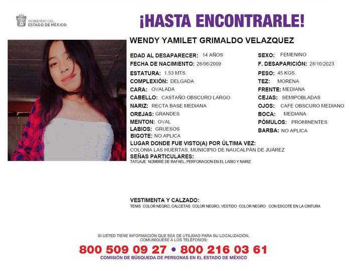 Fam_Unidas_AC's tweet photo. Solicitamos su apoyo para localizar a WNDY YAMILET G. V de 14 años, vista el 28/10/23 en Mpio #Naucalpan #Edomex ¿La has visto? RT @SoyNaucalpan @GobNau @DIFnau @OmegaNaucalpan @ANaucalpan @DDNaucalpan @PoliciaNau @AyudaSinDudar2 @ManoAmiga_UxMx @AmberAlertaNoOf @FelipaRamrez1 https://t.co/7pcxkYIsyY