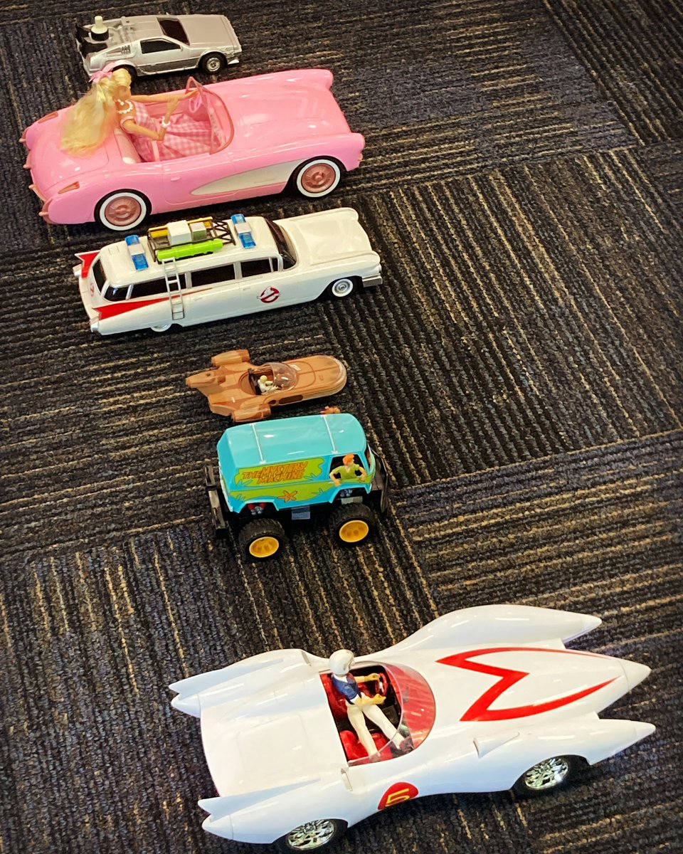 particlex's tweet photo. #racecar day at #work Who will win? #barbie #ghostbusters #backtothefuture #car #starwars #scoobydoo #speedracer https://t.co/u1FYTxpgfY