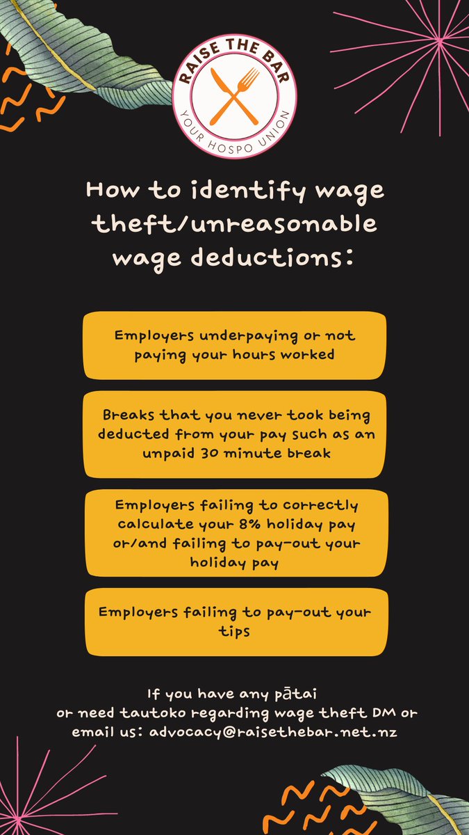 UnionRBHU's tweet photo. Wage theft is systemic in the hospo industry. Here's how u can identify it...

Fun fact: right now wage theft is a crime in Aotearoa but you can't be criminally prosecuted for it. Meaning, your employer can effectively steal as much as they want from you w/ near impunity: https://t.co/DyZI0NI44e