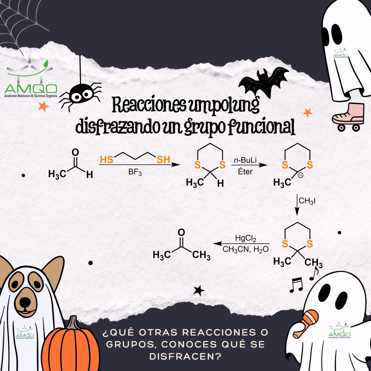 AMQO_mexico's tweet photo. Cuéntanos qué otras reacciones o grupos funcionales conoces que podamos disfrazar… y pasa un Feliz Halloween 🎃
#Chemistry #AMQO #Halloween https://t.co/S2GE3jlqcU