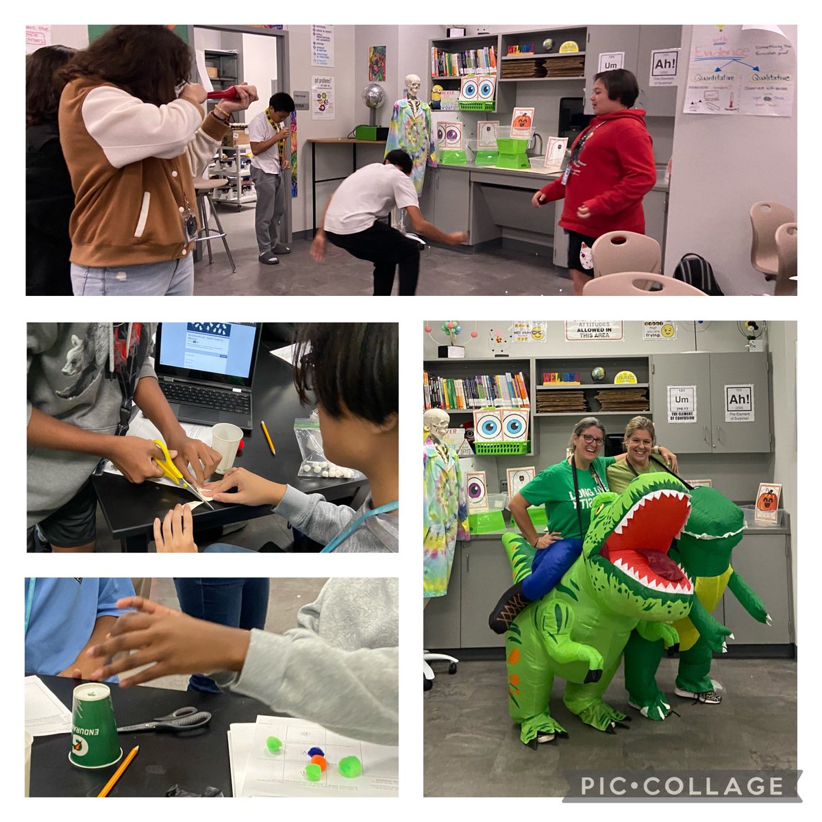 HallScience17's tweet photo. Dinosaur Wranglers facilitating the engineering of Marshmallow Launchers, woohoo! Happy Halloween @SJHCats @Anderson8Sci https://t.co/Cd59BGURxB