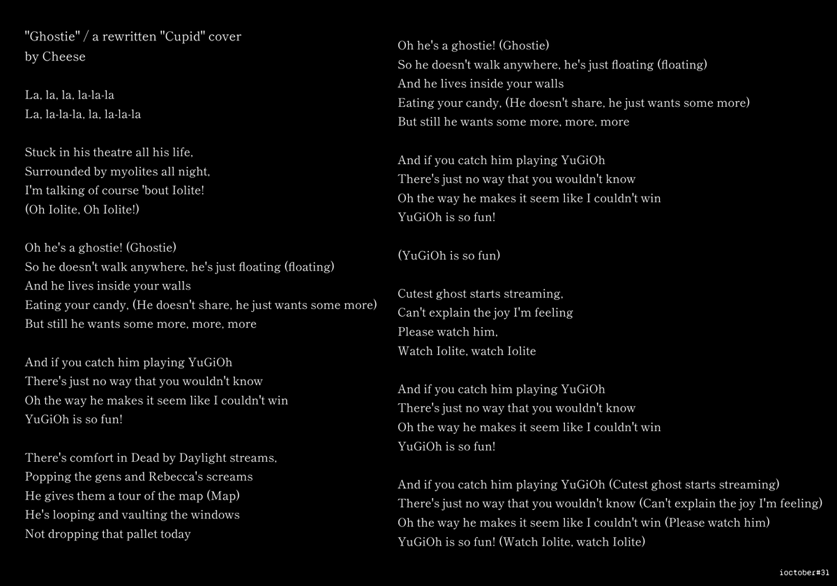oh_cheese's tweet photo. FINAL DAY! I had many ideas, but the most fun one won out! Here's "Cupid" lyircs rewritten about Iolite, cover called "Ghostie" - might record vocals one day, but for now, thanks for joining me on this fantastic journey! #ioctober over and out! https://t.co/wPJeoKqKo6