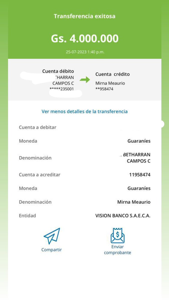 Bueno, accedo a enviarle el dinero y me dice que me pasaría dos cuentas porque no iba a poder recibir todo en una sola y me manda ambas cuentas y yo envío las transferencias, también le pido el comprobante del courrier que sería una nota de remisión
