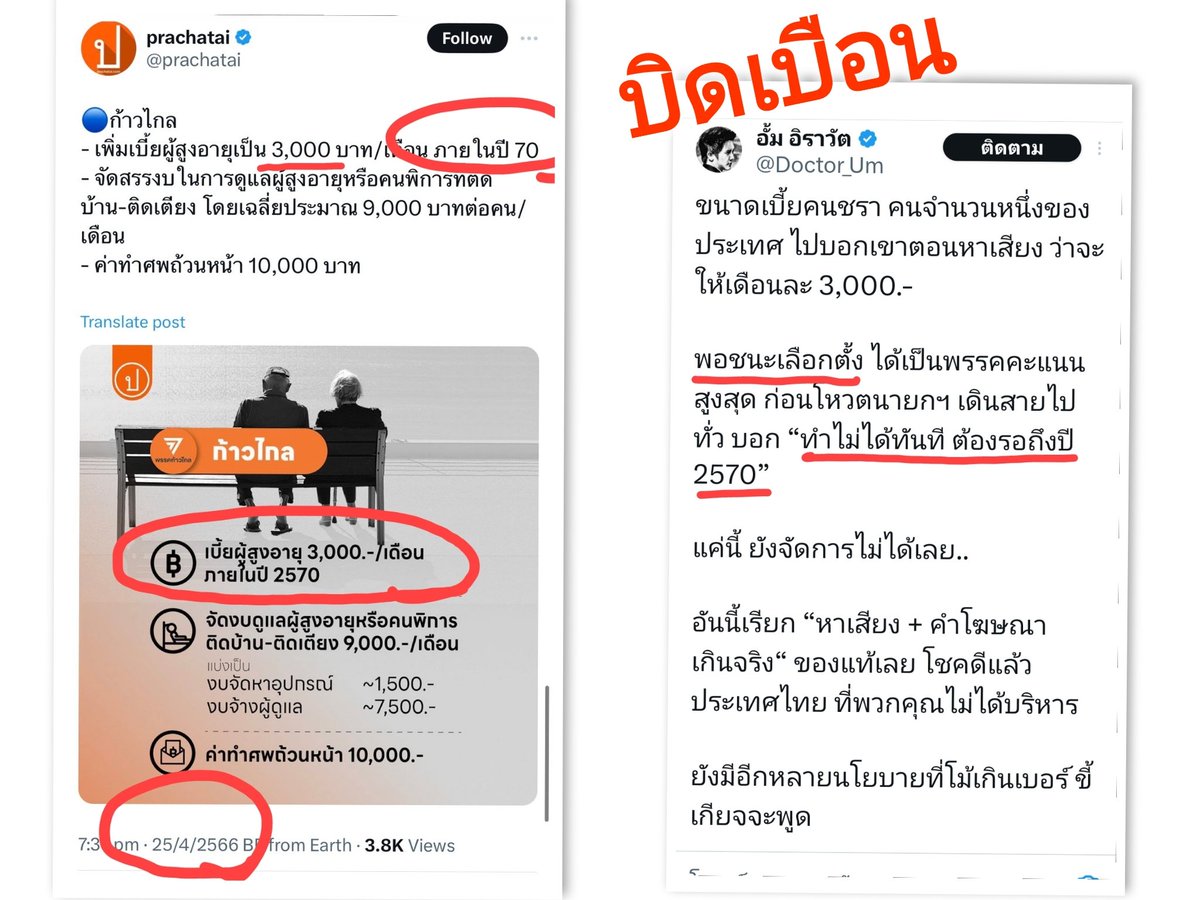 AmaratJeab's tweet image. หลักฐานข่าววันที่ 25 เม.ย.66 ก่อนการเลือกตั้ง 14 พ.ค.66 

สื่อมวลชนนำเสนอข่าวชัดเจนว่า
นโยบายเบี้ยผู้สูงอายุ 3 พันบาทของพรรค #ก้าวไกล จะทำได้ภายในปี 2570 

ไม่เคยหาเสียงว่า "ทำได้ทันที"
 
นโยบายที่ใช้พูดเพื่อการโฆษณาเท่านั้นเป็นสิ่งที่น่ารังเกียจ

#ก้าวไกล