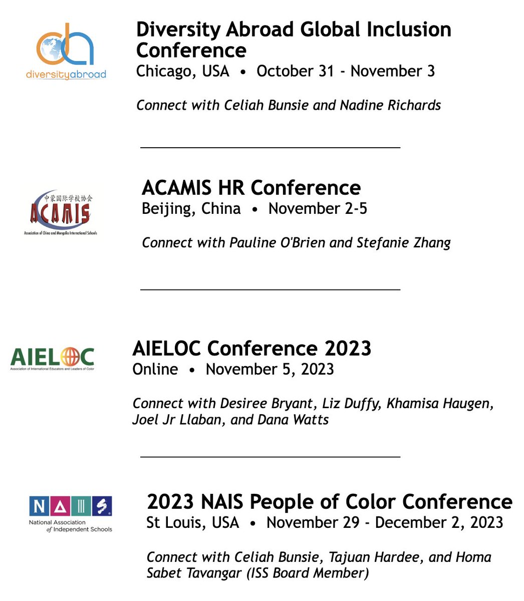 JoelJrLLABAN's tweet photo. The @ISSCommunity team looks forward to connecting and learning with educators across the world in a number of on-site and virtual conferences in November. @NAISnetwork @GlobalKdsl @diversityabroad @theACAMIS #issedu #intlschools #intELOC https://t.co/SiDAmpaBk0