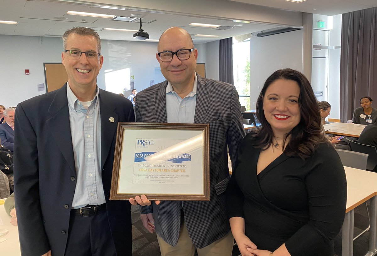 An award of excellence for <a href="/PRSADayton/">PRSADayton</a>--a 2023 #PRominent Award--presented to Steven Solomon and <a href="/hannahkrafka/">Hannah Krafka</a> from <a href="/ECDPRSA/">East Central District</a> <a href="/CedarvilleNews/">Mark D. Weinstein, MSOL</a> during #MediaDay.