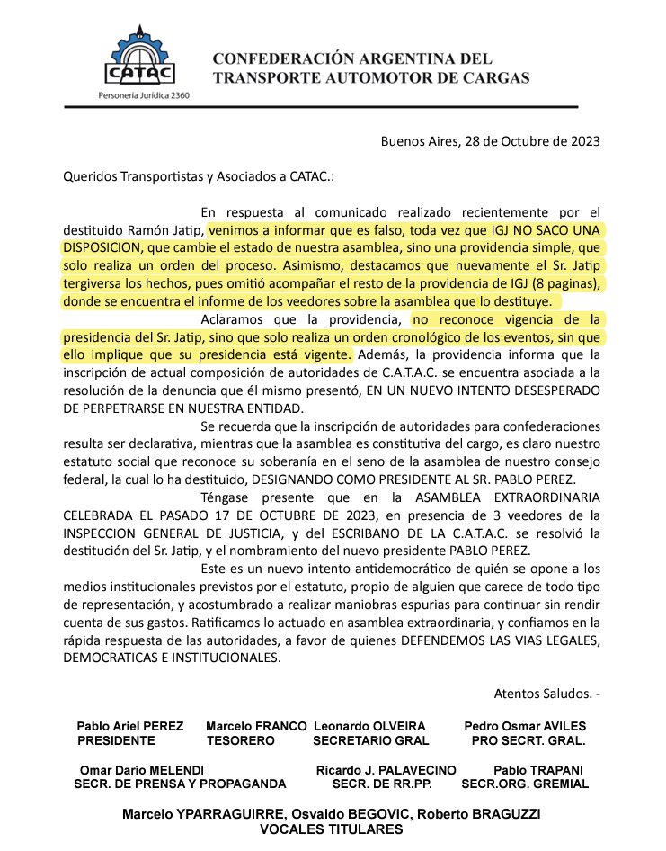 CatacCce's tweet photo. Comunicado oficial de catac ante los falsos comunicados del destituido ex presidente Ramon jatip hoy convertido en usurpador de nuestro edificio de la calle Azopardo  ⁦@MaJimenaLopezOk⁩ ⁦@TransportePBA⁩ ⁦@FADEEAC⁩ ⁦@FAETyLok⁩ ⁦@IsitransPrensa⁩ ⁦ https://t.co/5Pm8lgroMo