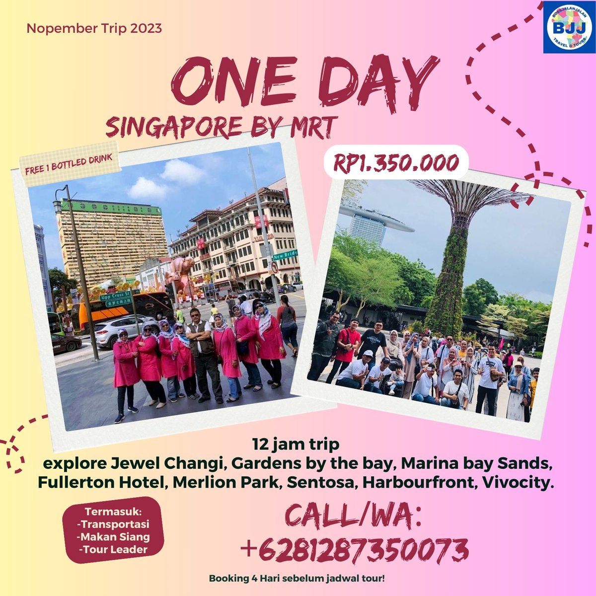 bossjalan's tweet photo. ONE DAY SINGAPORE TOUR by MRT

✅Setiap Sabtu Minggu
💵Rp1.350.000 per orang

Info lanjut⤵️
📱081287350073

#bossjalanjalan #paketwidatasingapore #opentripsingapore #toursingaporehemat #visitsingapore https://t.co/17j2gGiI6e