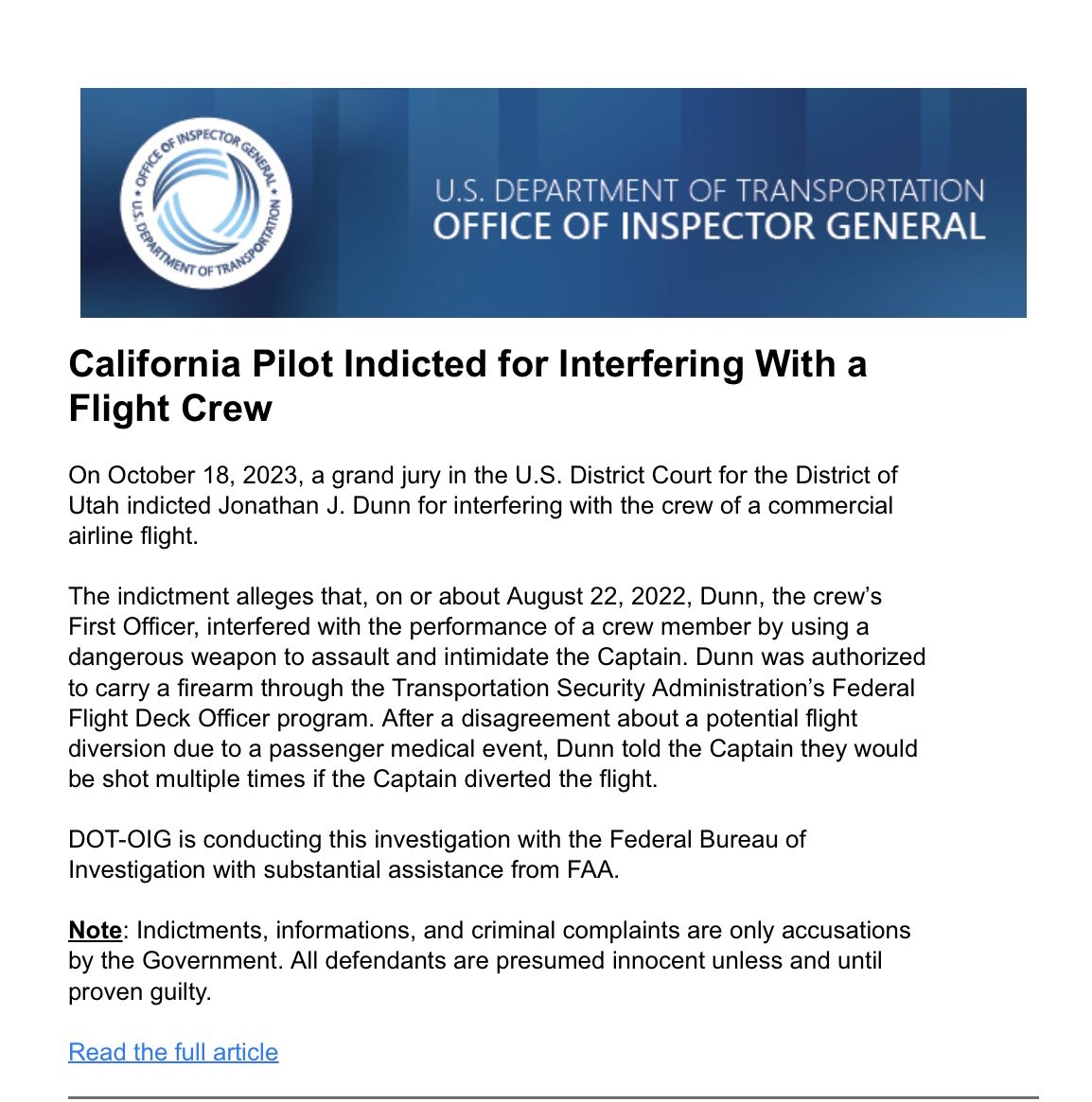 krisvancleave's tweet photo. Jonathan Dunn, who was working working as a Delta pilot and federal flight deck officer in august of last year has been charged w threatening to shoot the flight’s captain during a disagreement about a possible diversion. More here from @DOTInspectorGen : https://t.co/K8wz8J5wjv