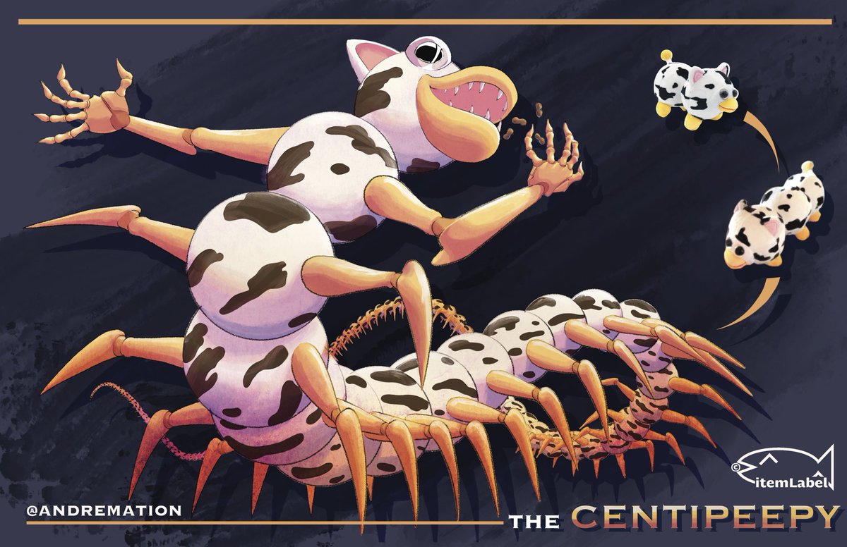 andremation_art's tweet image. The Centipeepy is the monstrous result of a Peepy consuming too many peanuts and growing uncontrollably.
Centipeepies will multiply if split in half. The only way they can be eliminated is by targeting the head.
#ItemLabelMobsVsMains @itemLabel
