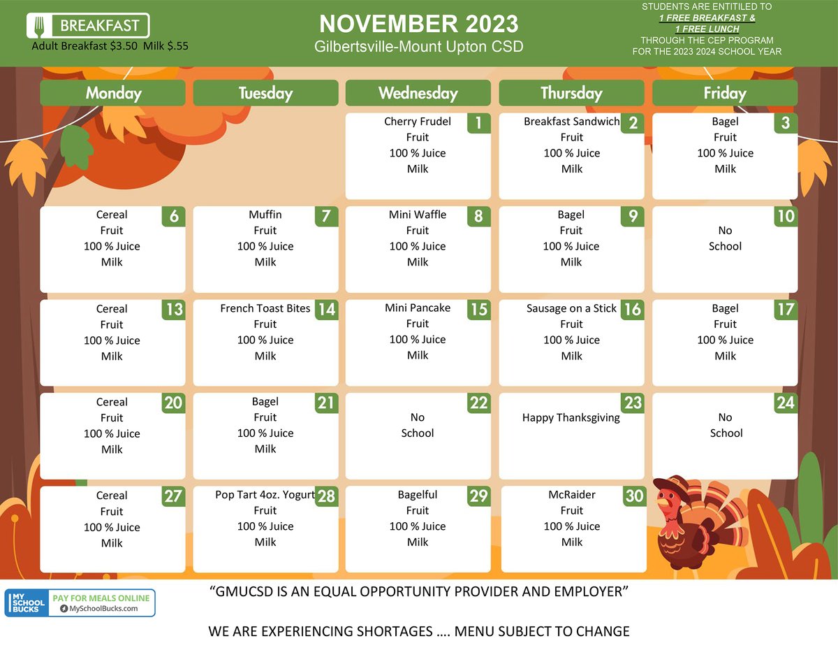 GMUCentral's tweet photo. NOVEMBER MENUS!
Check out what's on the menu for breakfast and lunch at GMU in November! Menus are also available on our online Cafeteria page at https://t.co/sQgsv16fDm
#GMUnity #GMUFamily #QualityOfTheJourney https://t.co/0SzPpBkmbL