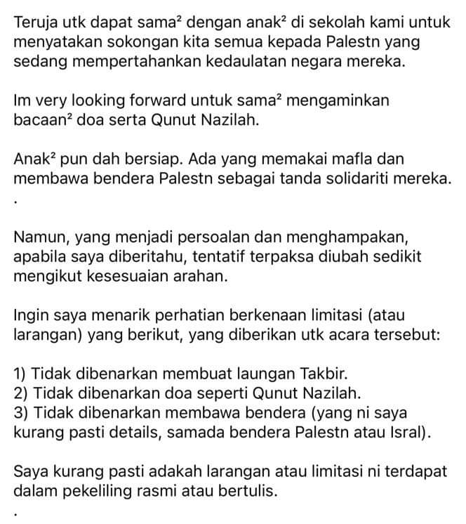 tamarjaya0's tweet photo. Ini dah melampau.

Ada YDP PIBG sekolah terpaksa buat pengakuan terbuka di media sosial berkenaan larangan takbir dan qunut nazilah di minggu solidariti Palestin.

Arahan mengarut siapa ni?

Majoriti budak sekolah memang beragama Islam kot. Doktrin benda apa nak diterapkan? https://t.co/QwZaxFTOwd