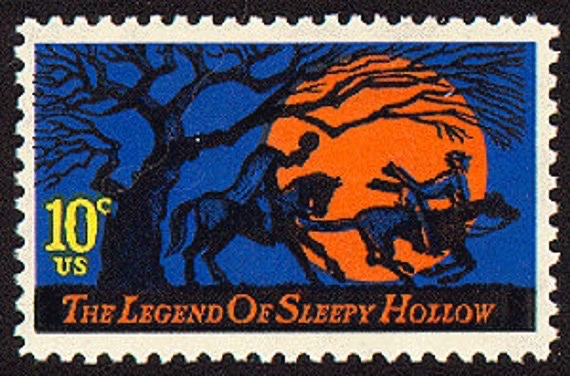 #HappyHalloween! Released in 1974, this haunting stamp from the “American Folklore” series commemorates Washington Irving’s famed folk tale, “The Legend of Sleepy Hollow.” It was issued in North Tarrytown, New York, where the fictional story takes place. ©️USPS