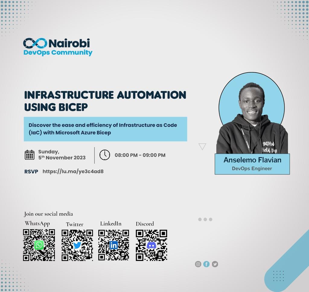 nairobidevops's tweet photo. Join us this Sunday at 8pm for an insightful online session on Infrastructure Automation Using Bicep by an esteemed DevOps Engineer Anselemo Flavian.
RSVP: https://t.co/AeGZOGDMjk
See you there!
#nairobi #devops #community
#nairobidevops #kenya #devopske
#cloudInfrastructure https://t.co/8zlhZP9IDq