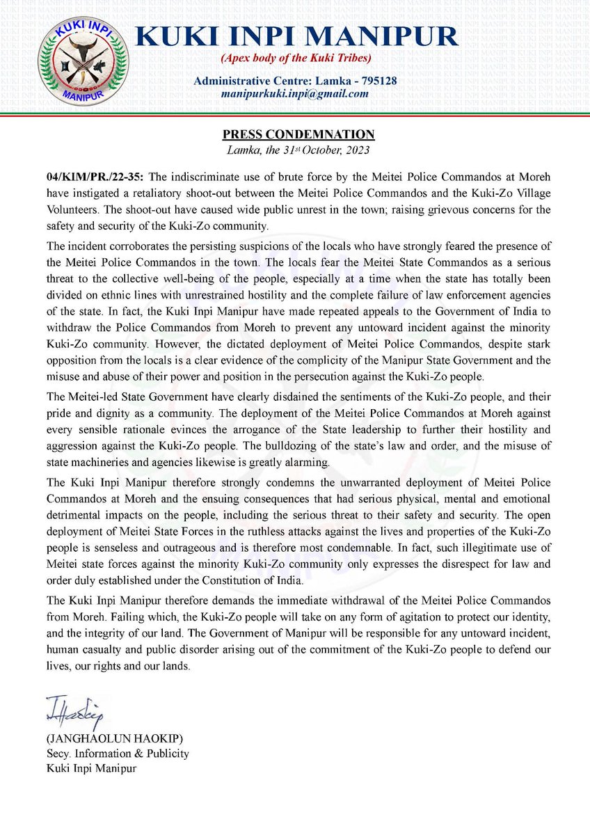 meiteiheritage's tweet photo. ❗️Kuki Inpi threatens India if @manipur_police not removed from #Moreh, #Manipur the cosmopolitan town from where the indigenous #Meiteis have been cleansed by armed Chin Kukis. #KukiAtrocities #ManipurFightsBack

❗️In a shameless lie, that defines the death of humanity, the group said police brutality resulted in retaliatory shoot out, while exposing their habitual liar antics as the statement didn't mention a word on the brutal killing of #Meitei police officer in non combat duty, a cowardly act widely covered by media.

❗️On Tuesday, Moreh SDPO Ch Anand was killed by a Sniper shot from #KukiMilitants while overseeing cleaning of Helipad landing ground #JusticeForSDPOAnand. The Militants then ambushed the reinforcement team, injuring 3 policemen.

❗️Yesterday, Manipur Govt declared Kuki Zo Intellectual Council an unlawful association/organization for inciting violence for calling upon #ChinKuki youths to go war against Manipur. Same should be done for Kuki Inpi.

Dear @AmitShah @Spearcorps @adgpi @AmitShahOffice we riterate time to end these #NarcoTerrorists with kids gloves. Time to end this nuisance once and for all. #SaveMeitei #SaveManipur

❗️Seal the border, cut the supply line from their country cousin Myanmar based #ChinTerrorists, flush out the #narcoterrorists wipe out the #PoppyCultivation nab the #IllegalImmigrants and send them back to Myanmar.

❗️Let's find a permanent solution to #ManipurViolence once and for all.

❗️It may be noted that #Chin #Kuki have been strongly protesting the deployment of @manipur_police
in the area, the gateway of their country cousin Chin #IllegalImmigrants from Myanmar. In last few days, the Police had nabbed several of these #IllegalImmigrants .

❗️This has been a pattern of #Manipur_Violence, relative calm and then a provocation or fresh firing and trigger a new cycle of violence.

@AskAnshul @DrSanjaysinghK @DivyaSoti @BinaNepram @ShefVaidya @adgpi @PMOIndia