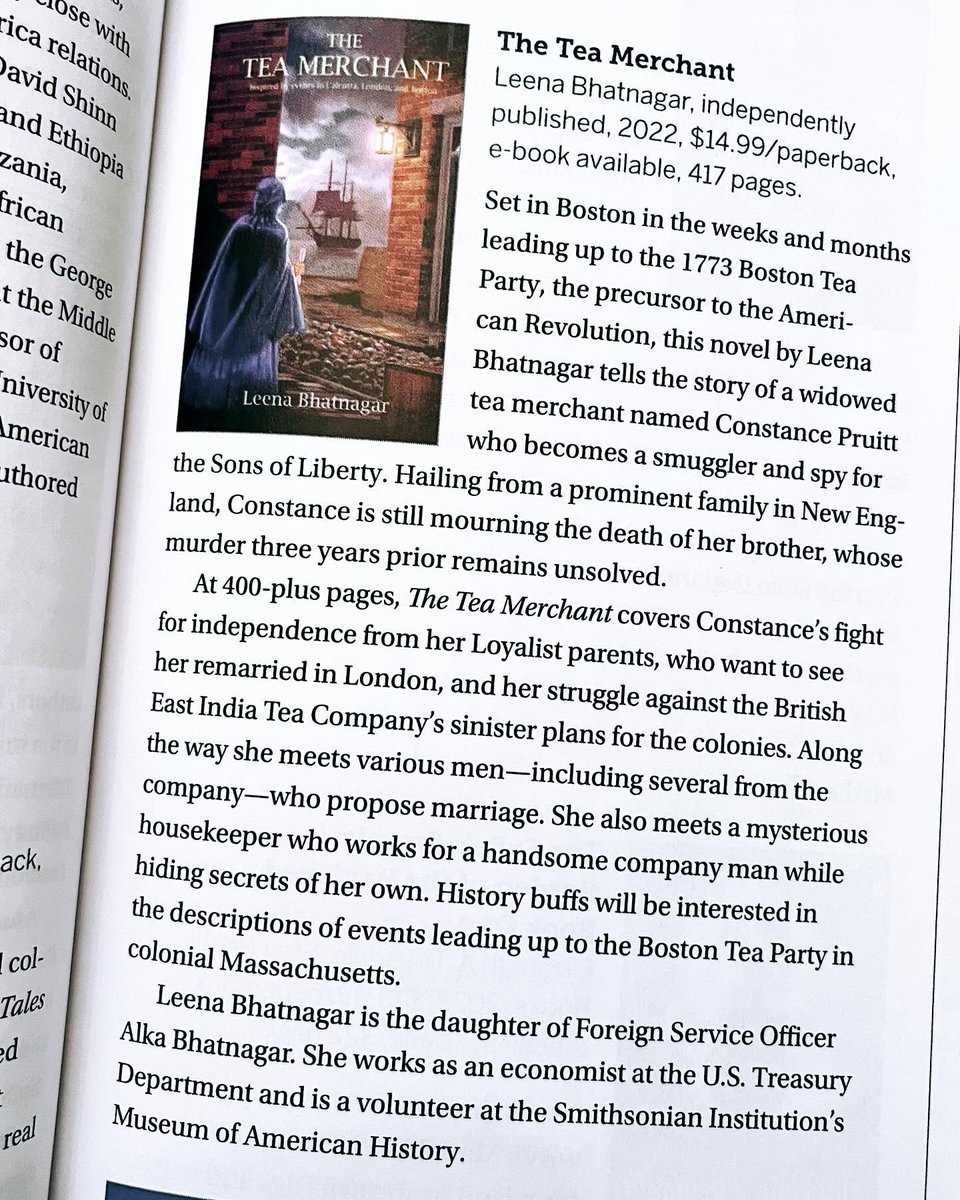 TeaMerchant1773's tweet photo. Couldn’t be happier to see THE TEA MERCHANT in the @AAFSW Foreign Service Journal magazine (November 2023 edition), just in time for #nanowrimo!
#foreignservicejournal #bookreview #tea1773 https://t.co/oQweSJxf4q