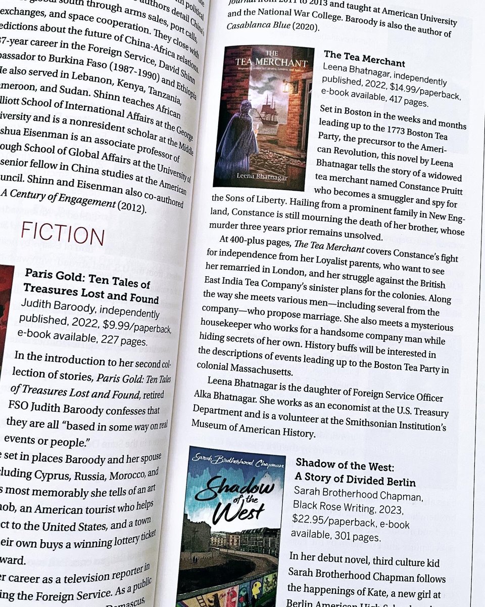 TeaMerchant1773's tweet photo. Couldn’t be happier to see THE TEA MERCHANT in the @AAFSW Foreign Service Journal magazine (November 2023 edition), just in time for #nanowrimo!
#foreignservicejournal #bookreview #tea1773 https://t.co/oQweSJxf4q
