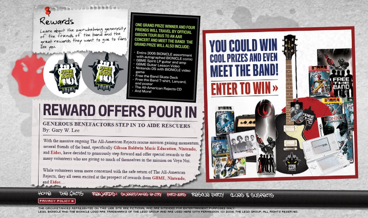 BehindBIONICLE's tweet photo. Generous benefactors stepped in to aid the rescue efforts on Voya Nui through a sweepstakes. Enter in and you could win fabulous prizes like a guitar, skateboard, and even a trip for 5 to meet the band on an official tour bus– provided they're freed, of course: https://t.co/ftdmpaumdP