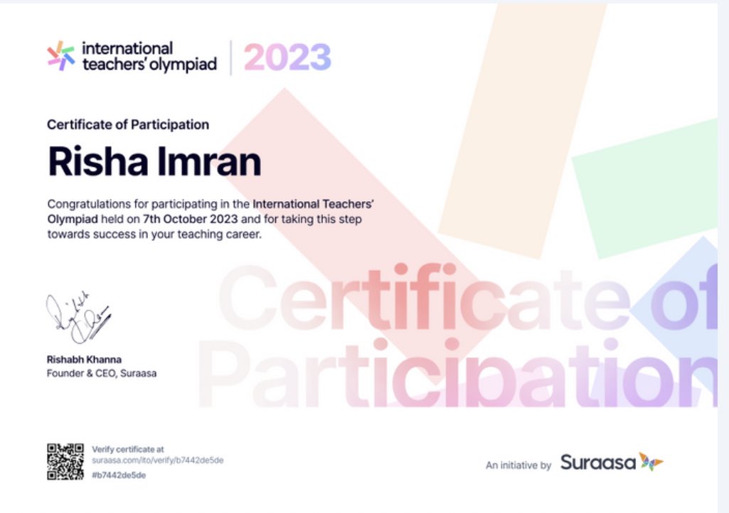 imran_risha's tweet photo. Super happy to share that I stand among the top 10% teachers globally in the International Teachers’ Olympiad. Special thanks to @SuraasaTeach for giving teachers the opportunity to discover their #TrueTeachingPotential @sdg4all @ashokkp @y_sanjay @pntduggal @sunandask21 https://t.co/9XI9eKUvLc