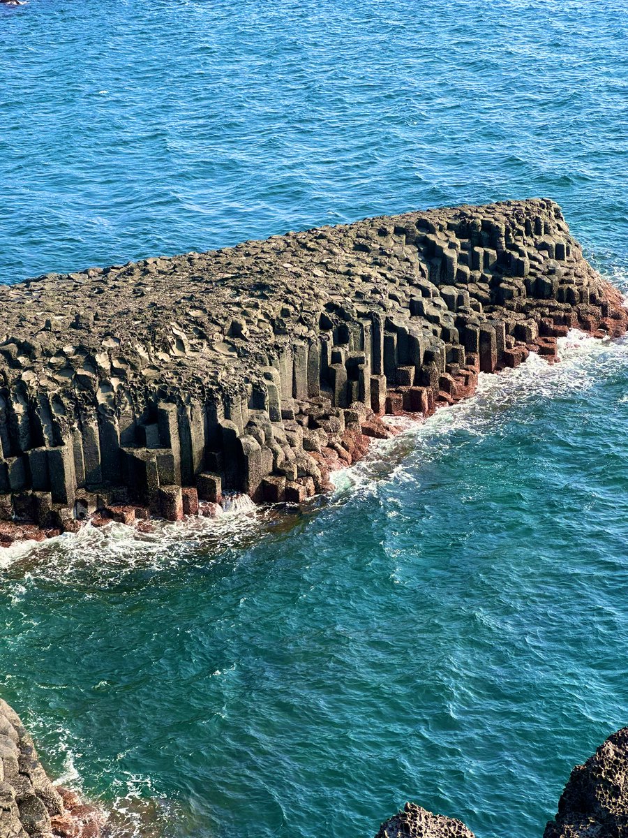 Jusangjeolli Cliff in #JejuIsland is the largest columnar joint lava pillar rock formation in South Korea. A series of pentagonal and hexagonal columns formed by volcanic lava eruptions that cooled quickly to form these geometrically perfect shapes are a sight to behold.