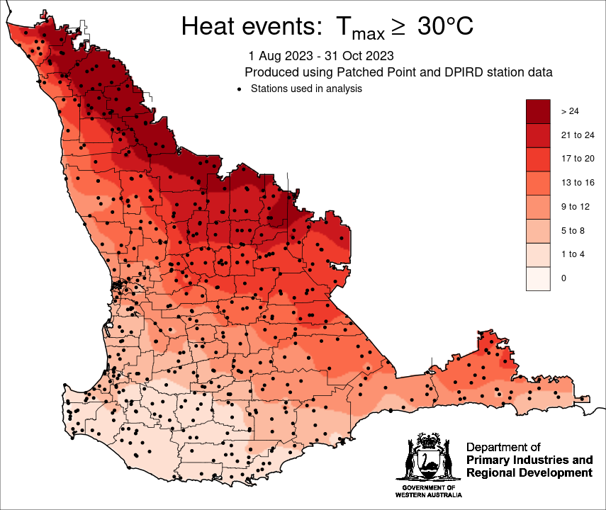 <a href="/DPIRDbroadacre/">DPIRD Broadacre - WA Grains & Livestock</a>  rainfall maps for April-October, not pretty. Temperature maps for August-October, less frost than average, but a lot warmer. #climate