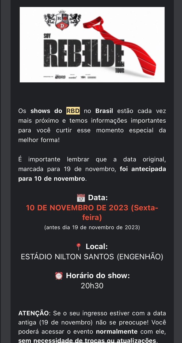 imdanielalves's tweet photo. Vendo dois ingressos de RBD

O show será dia 10/11 https://t.co/BaF0SJCpxi