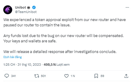 Oxdande's tweet photo. Nền tảng Unibot bị hack, thiệt hại khoảng 600,000 USD.
👉Nguyên nhân của vụ hack là do lỗi phê duyệt mã thông báo từ bộ định tuyến mới.
👉Giá UNIBOT tính đến thời điểm hiện tại đã giảm 30%