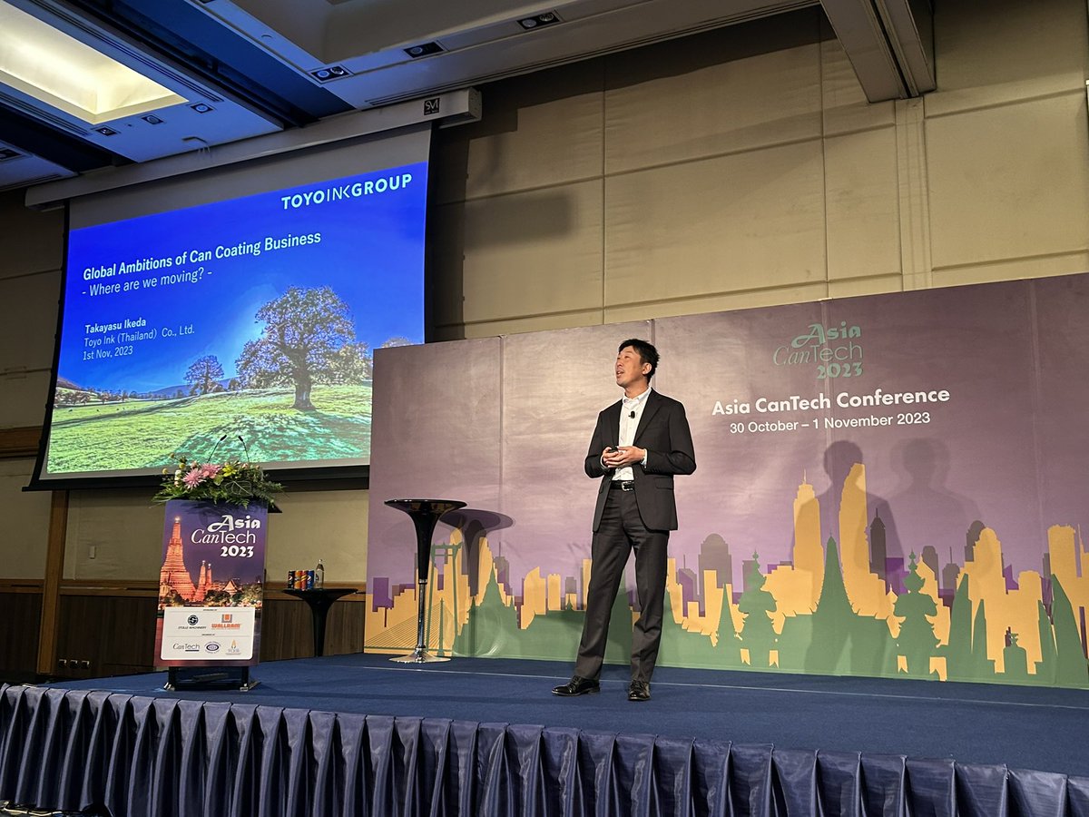 Toyo Ink Thailand’s Takayasu Ikeda is up next, to speak about where global ambitions regarding can coating are heading. 
#AsiaCanTech2023 #conference #metalpackaging @ToyoInkGroup