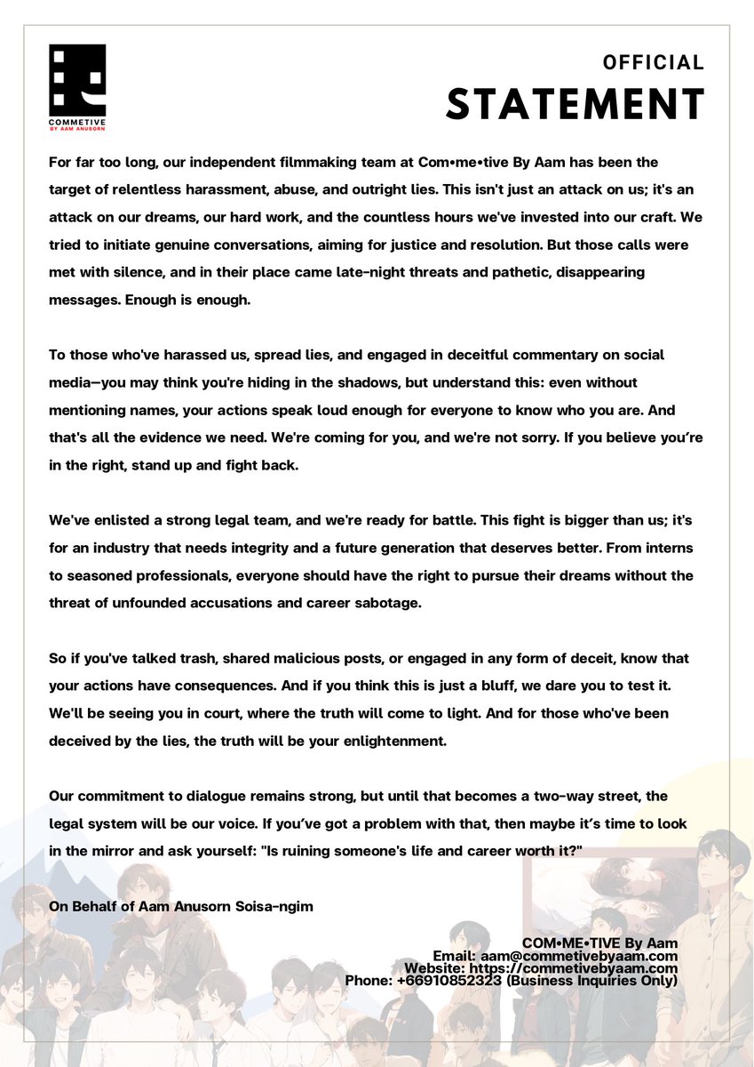 Raikantopinido's tweet image. #CommetiveByAam a través de un comunicado informó que tomará medidas legales contra quienes los hayan difamado y acosado. 

Es una compañía independiente manejada por Aam Anusorn director de #2moons2, #presentperfect, #presentstillperfect, #CIWYWtheSeries y #TTWEtheSeries