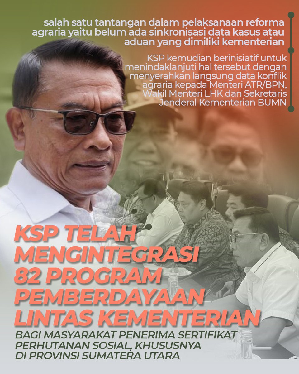 KSP <a href="/Dr_Moeldoko/">Dr.H.Moeldoko</a> telah Mengintegrasi 82 Program Pemberdayaan Lintas Kementrian

Program pemberdayaa lintas kementerian dan BUMN tahap satu di Sumatera Utara dengan @kemenkomarves dan <a href="/atr_bpn/">Kementerian ATR/BPN</a> serta Sekjen Lingkungan Hidup &amp; Kehutanan untuk di tindaklanjuti

#MoeldokoPenjagaNKRI