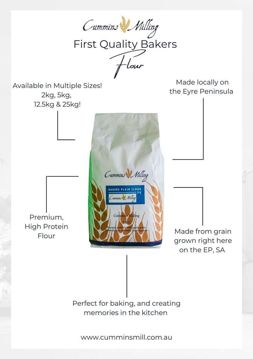 We have all your flour needs covered with our high quality flour freshly milled on site. 
We stock a wide range from Bakers &amp; SR Flour to Wholemeal and Sour Dough Premixes. 
#SupportLocalBusinesses #supportlocaleats 
Contact us via email at admin@cumminsmill.com.au or 8676 2047