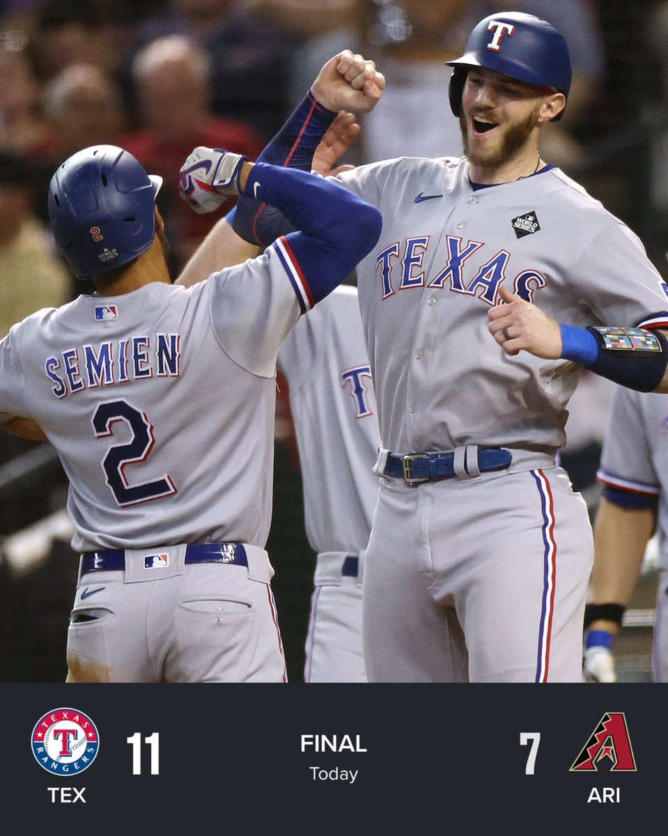 BleacherReport's tweet photo. THE RANGERS ARE ONE WIN AWAY FROM THEIR FIRST WORLD SERIES TITLE 🏆 https://t.co/x8Oh0bZTjj