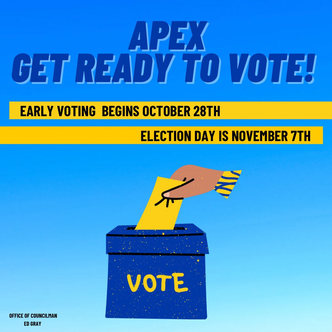 Early Voting ends this Saturday (11/4) before Election Day Tuesday (11/7)! Make sure you have a plan to vote Get ready to vote &amp; head to apexnc.org/174/Elections-… for more info!