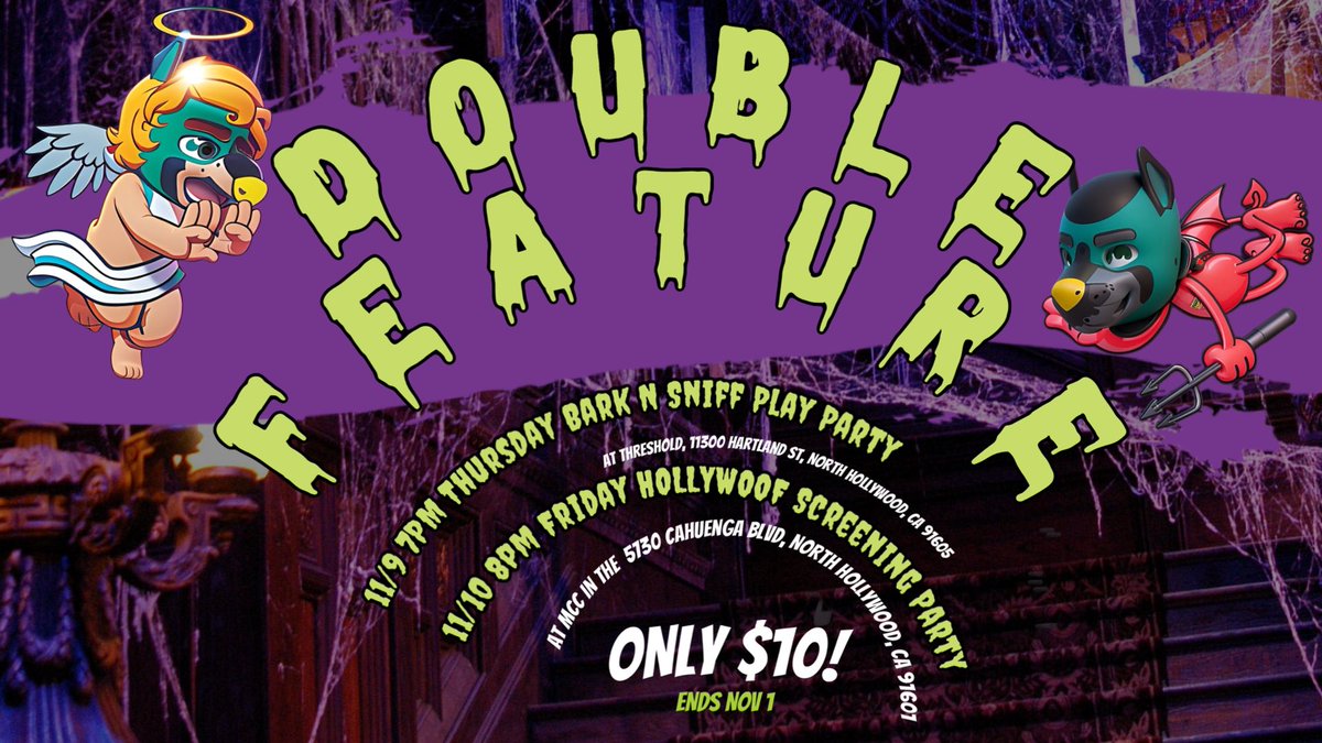 LAPupPride's tweet image. Special Halloween deal for Tickets to twoLos Angeles Pup Parties

Thurs nov 9: Bark n LA PUP 2023: BARK N SNIFF Greet n Play party- 7pm 

Fri November 10: Hollywoof All Pup Themed Short Film Festival at MCC at 7pm

Both parties for $10!!

Sale ends tonight at midnight!