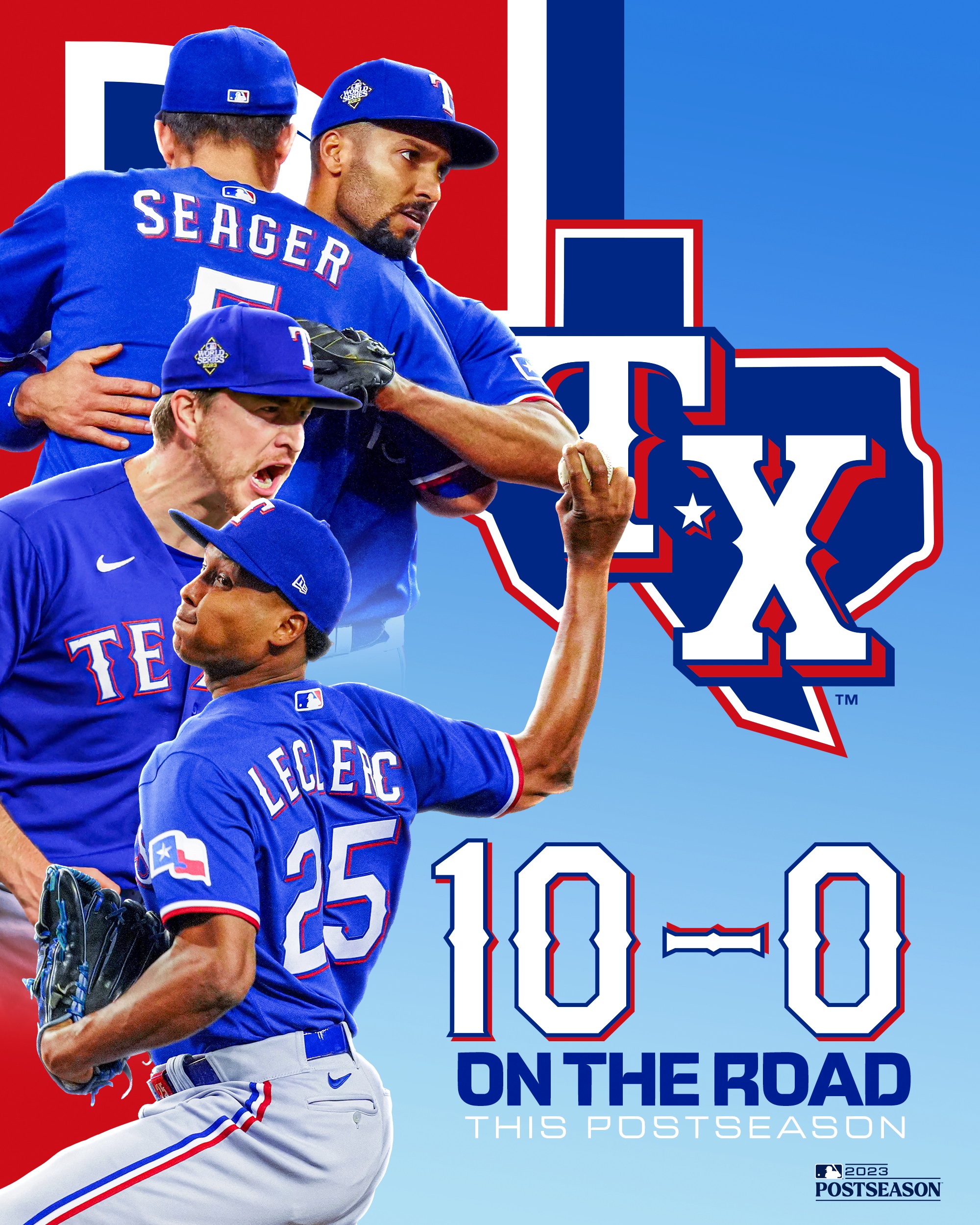Texas Rangers
10-0 on the Road This Postseason
Pictured: Corey Seager and Marcus Semien hug, Josh Sborz yells, and José Leclerc pitches in blue Texas Rangers uniforms.
2023 MLB Postseason 