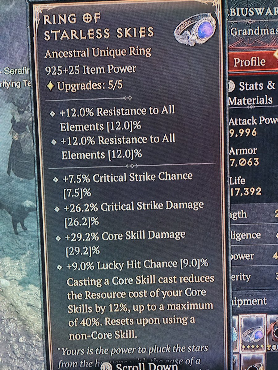 Dave83621996's tweet photo. Wtf. #diablo4 #ringofthestarlessskies #loot #perfectroll #uberunique https://t.co/kba5TXVm5K