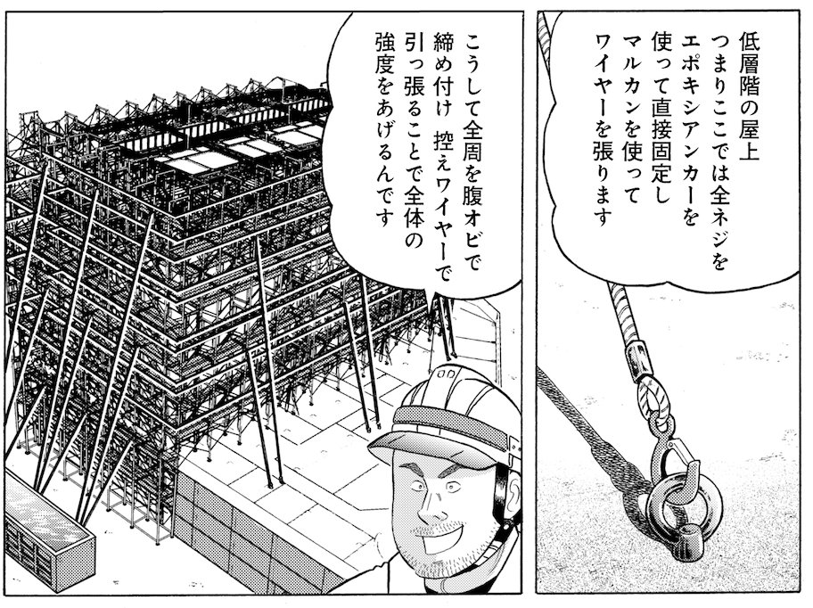 なお、都市部でのビル爆破を実現するために、ビルを全二重の足場で覆い、合金製の金枠を貼って飛散物を防止しました。この技術監修をケージシステムの小林さん(@KOJI_KOBAYASHI_)にお願いしました。プロのアドバイスによってビル爆破の解像度が数段上がったと思います。 改めてお礼申し上げます! #解体屋ゲン #ケージシステム
