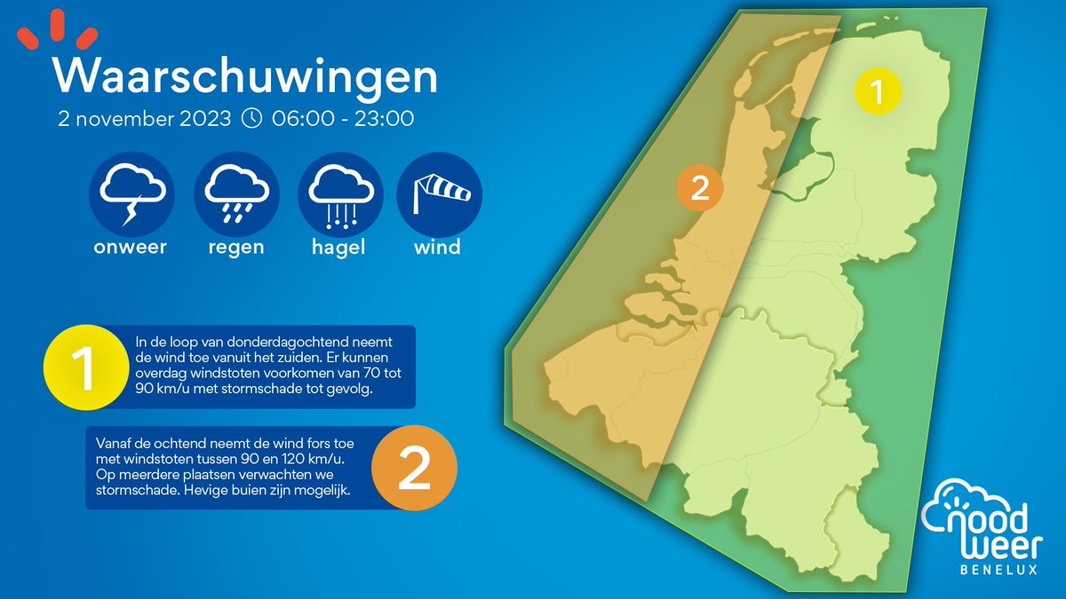 NoodweerBenelux's tweet photo. Weermodellen laten er weinig twijfel over bestaan. Op donderdag 2 november 2023 nadert een fors #windveld uit het ZW. Dat resulteert in pittige #windstoten die over de volledige #Benelux stormschade kunnen veroorzaken. In het binnenland liggen de #windstoten vaak tussen 70 en 90 km/u. Over het westen van Nederland en België kan dat richting 120 km/u als uiterste waarde. In de late namiddag neemt de kans op buien ook toe boven deze regio. Er werd meteen gekozen voor een level 2 over het westen van de Benelux voor een verhoogde kans op #stormschade.