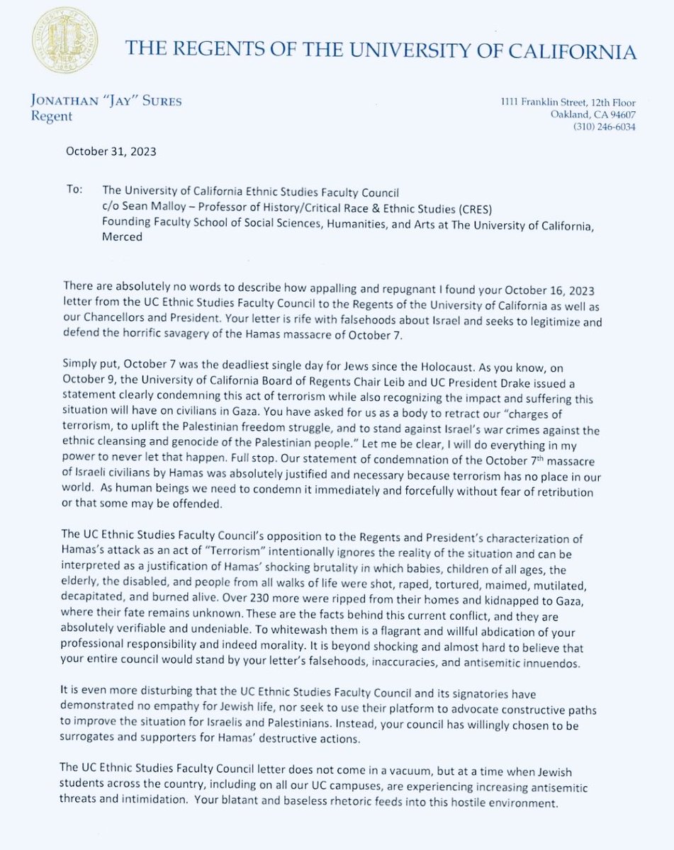 mariannaalperin's tweet photo. A ray of light in this oppressive darkness ☀️. Response of UC Regents to the despicable UC Ethnic Studies Council’s letter signed by 300 faculty condemned the University of California’s statements that referred to the Hamas massacre as “terrorism.” ⁦#UCRegents⁩ 💙🤍💙 https://t.co/w43JNA3D4d
