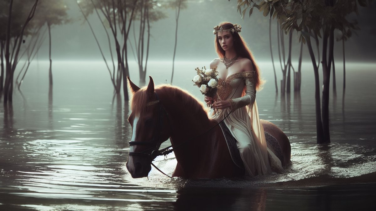 Amidst the enchanting mist, a mystical woman and her noble steed find harmony on the tranquil waters of a lake. A bouquet of beautiful flowers in her possession. 🌼🐎 A moment of ethereal beauty and connection with nature. 🌌🍃 #MysticalJourney #NatureMagic #EquestrianElegance…